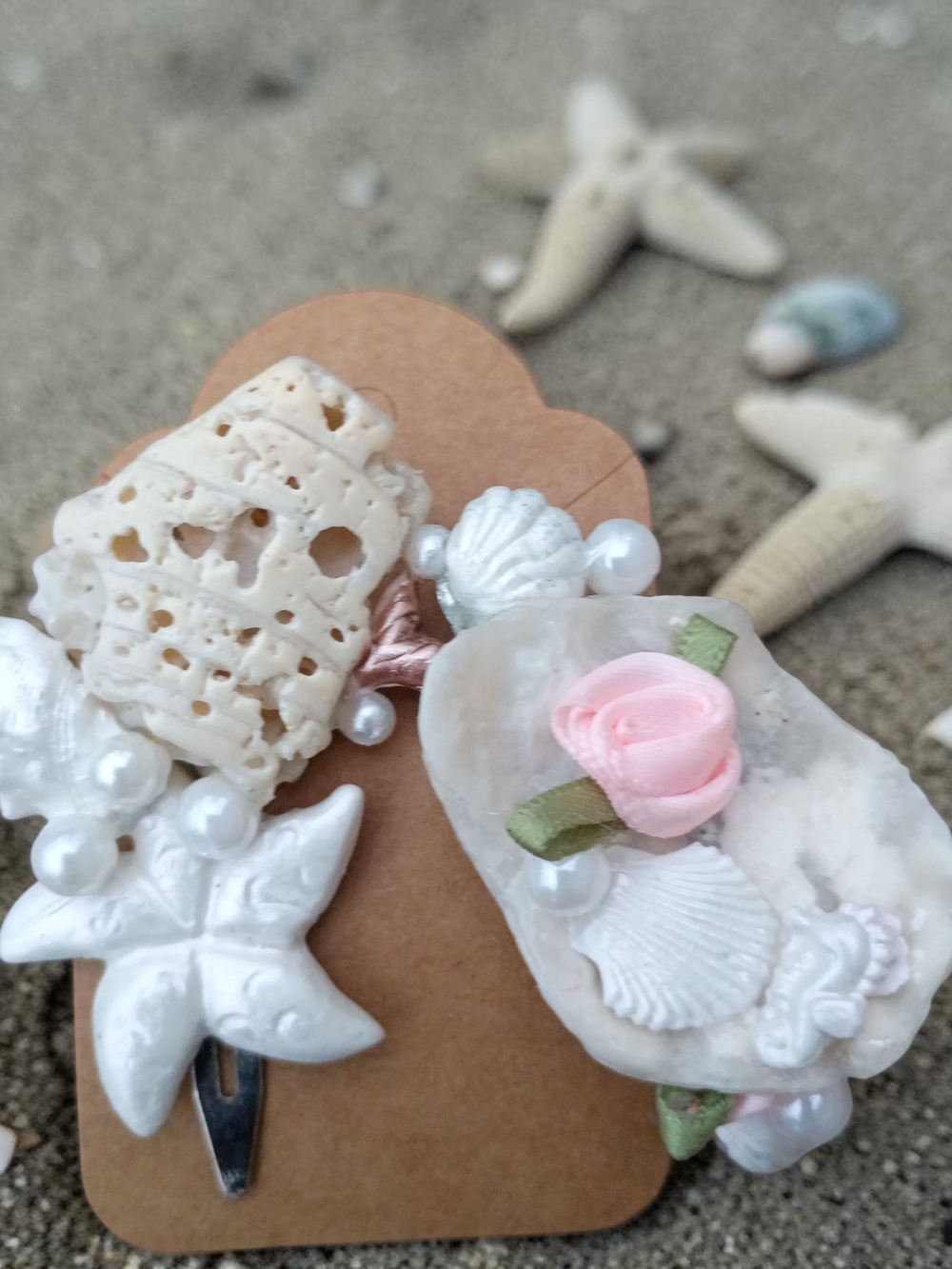 Coral Seashell & Pearl Embellished Hair Clips with Pink Rose